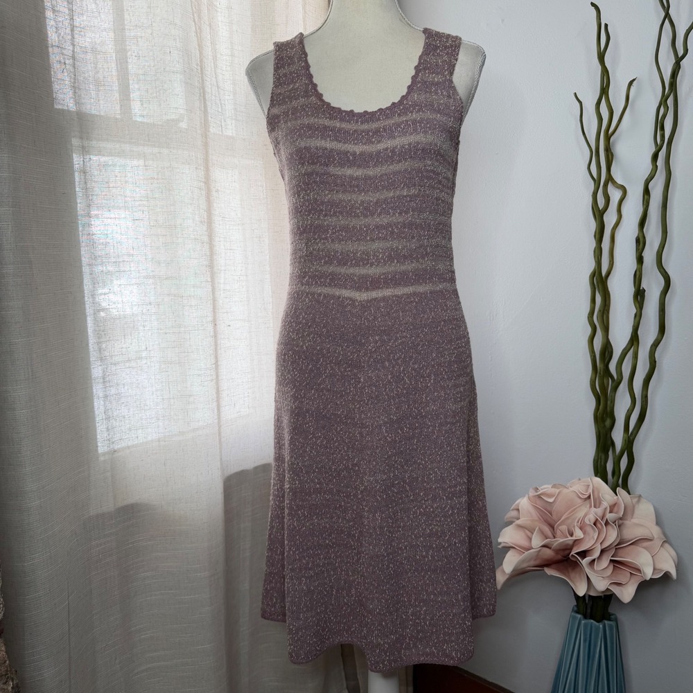 Laura‎ Yang 70s Vintage Mod Swing Dress Purple Knit Eyelet Women's Size Medium